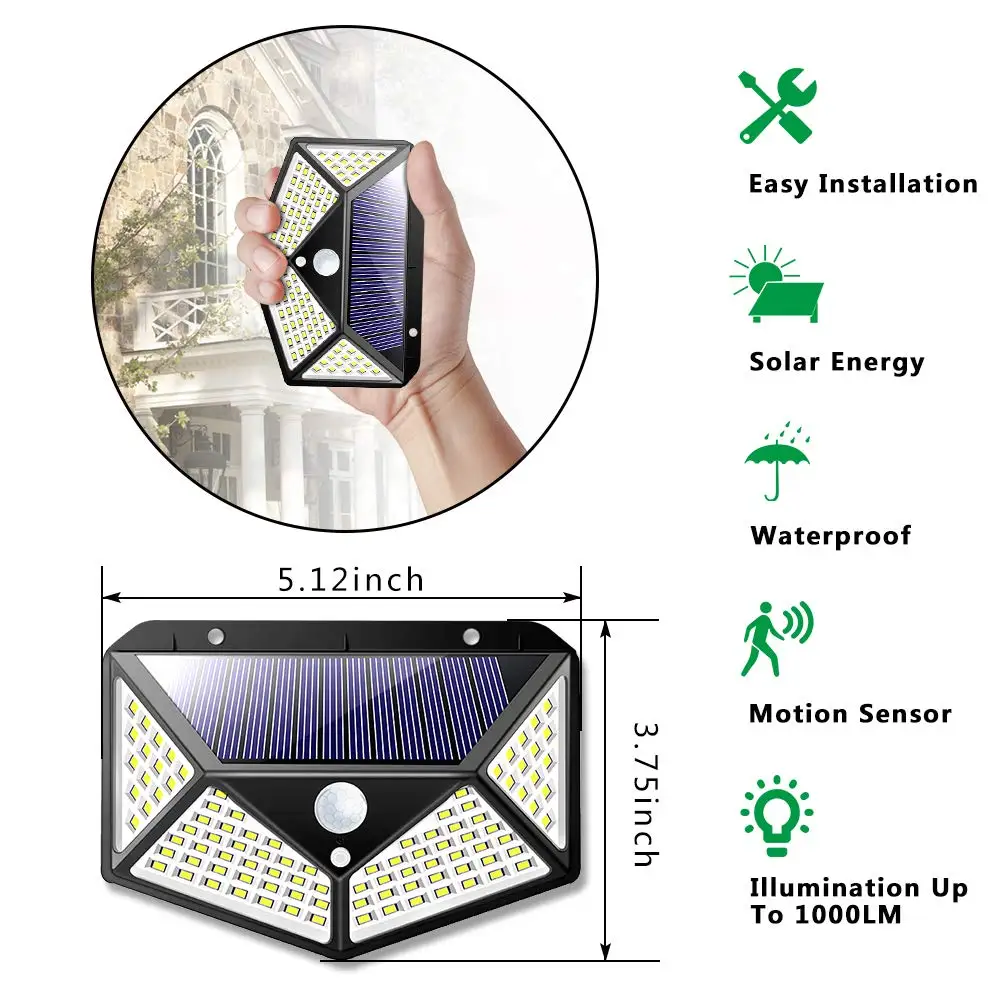 3 Modes 100LED Solar Light Wireless PIR Motion Sensor Wall Lamp Outdoor Waterproof  Solar Security Light for Garden Decoration