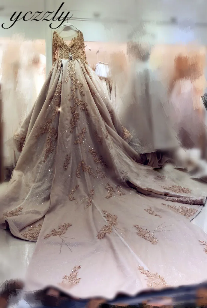 Robe De Mariee винтажные, с длинными рукавами мусульманское свадебное платье плюс размер Золотое бальное платье c аппликациями, платья невесты с блестками W17