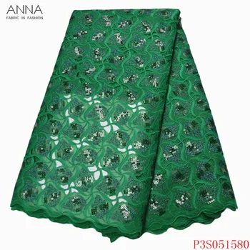 

Anna nigerian green organza fabric french lace with sequins hollow design 5 yards/pcs african embroidery laces fabrics for dress