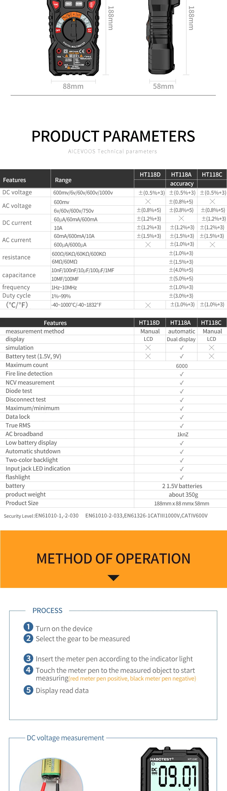 HABOTEST HT118A / C / D Цифровой мультиметр Автоматический диапазон NCV Ture RMS AC / DC 6000 отсчетов Двухцветный экран Индикатор напряжения Индикатор напряжения