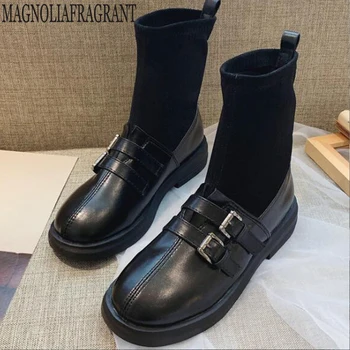 

New Fashion Women winter Boots British style Socks Shoes Split leather Booties Platform shoes for women Motorcycle boots y764