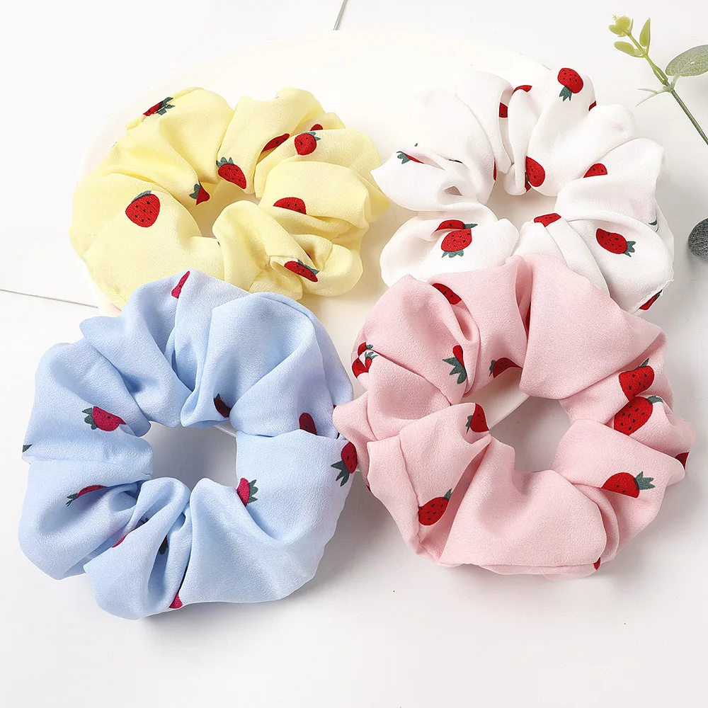 

New Japan Korean Printing Hair Scrunchie Women and Girls Strawberry Hair Rope Floral Ponytail Holder Hair Accessories Wholesale