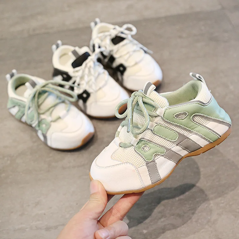 

2023 Children Lace-Up Air Mesh Reflective ShoesBoys Girls Brand Trainers Baby Toddler Little Big Kids Casual Walking Sneakers