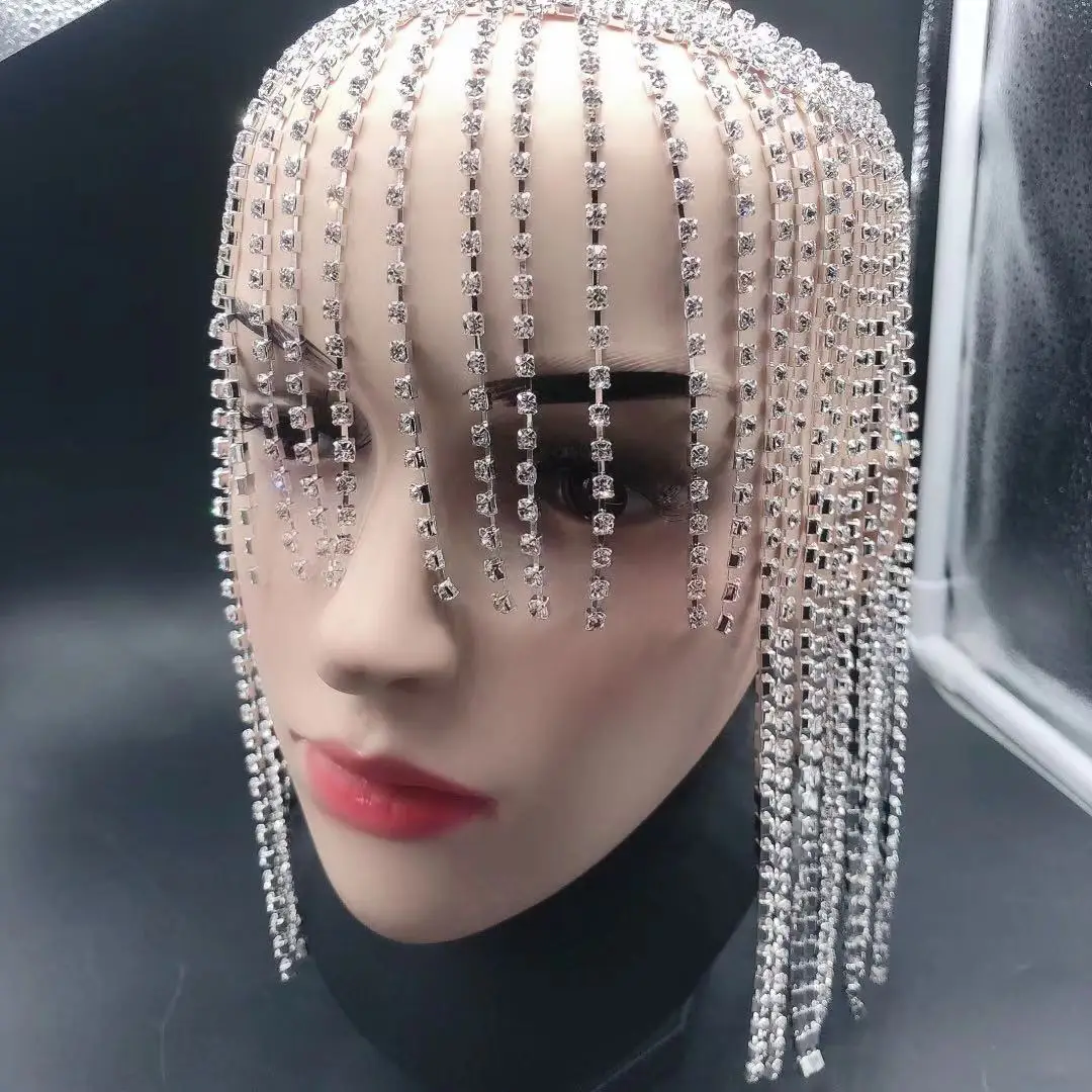 Fashion luxury shining Rhinestone Crystal forehead headdress tassel hairdress lady handmade hat crystal headdress Wedding Jewelr