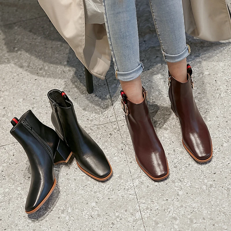 

Metal decorate fashion High Heels Chelsea Shoes women's boots Brand Genuine Leather Ankle boots 2019 autumn and winter new boots