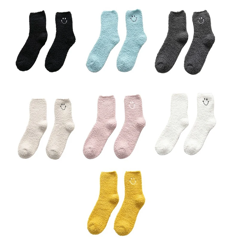 Рождественские носки с вышивкой смайлика пушистые носки женские пушистые носки забавные носки для сна носки-тапочки коралловые бархатные зимние носки