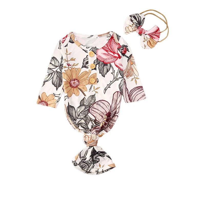 0-6M Newborn Infant Baby Girls Boys Sleeping Bags Headband 2pcs Flowers Print Long Sleeve Cotton Sleepwear