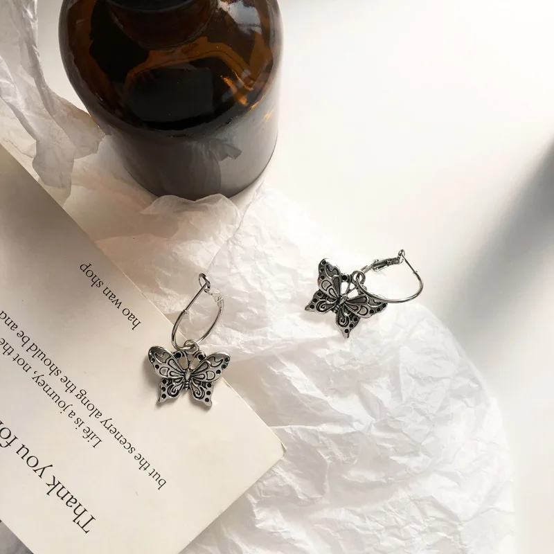 

S925 needle Vintage Statement Earrings Popular Design Metal Alloy Dark Color Butterfly Dangle Drop Earrings For Women Jewelry