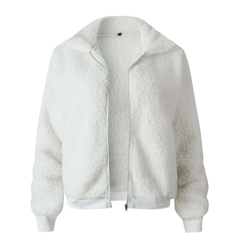 Пальто из искусственного меха, Женская хлопковая пушистая плюшевая куртка, женская теплая верхняя одежда, пальто-кардиган, флисовая куртка, женская короткая куртка-бомбер - Цвет: Белый