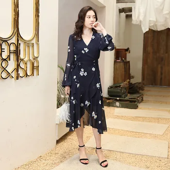 

Dress Wrap Vestidos Robe Navy Chiffon Small White Flower Polyester Fibers (polyest Office Lady