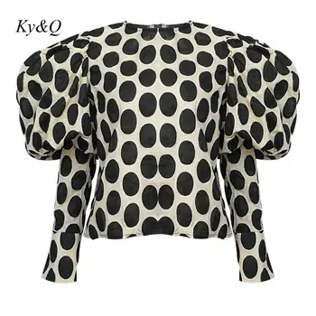 

Runway Designer Dot Print Women Casual Shirt Tops O-Neck Puff Long Sleeve Tops Holiday Vacation 2019 Autumn Winter Clothes