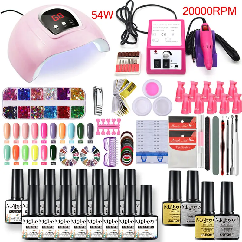 Conjunto de Manicure Conduziu a Lâmpada do Unha Kit com 54w Unha Polonês Secador 20000rpm Broca Máquina Cores Arte Ferramentas Conjunto Gel uv