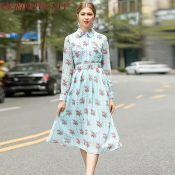 

VERDEJULIAY 2020 Spring Autumn Fashion Runway Shirt Dress Women's Long Sleeve Casual Floral Print Belt Midi Elegant Dress