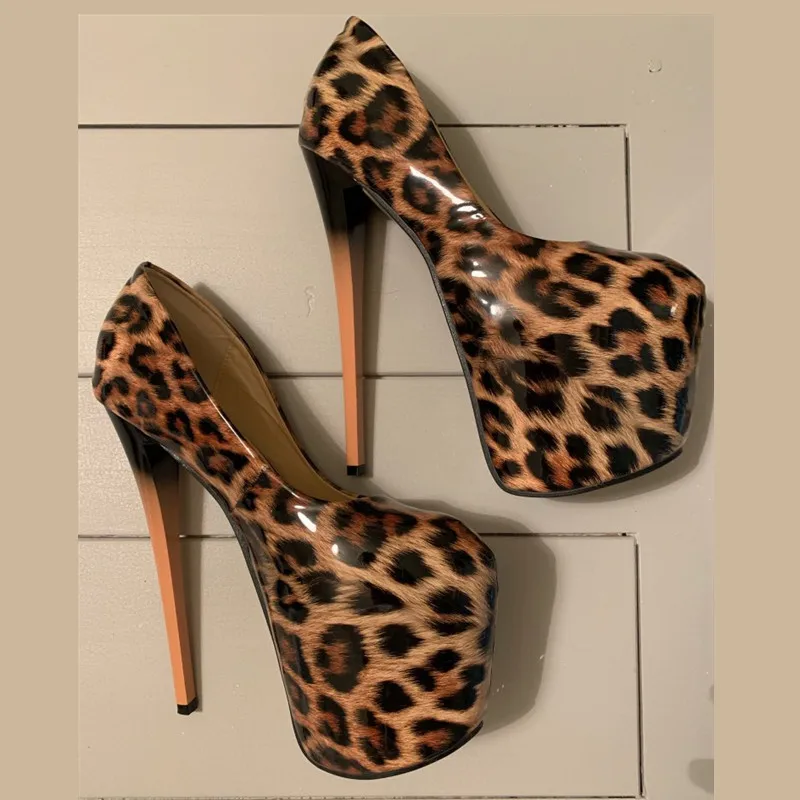 Модные женские туфли-лодочки размера плюс 47; туфли на очень высоком каблуке 19 см и платформе из лакированной кожи с леопардовым принтом; вечерние туфли на шпильке; женские туфли для ночного клуба