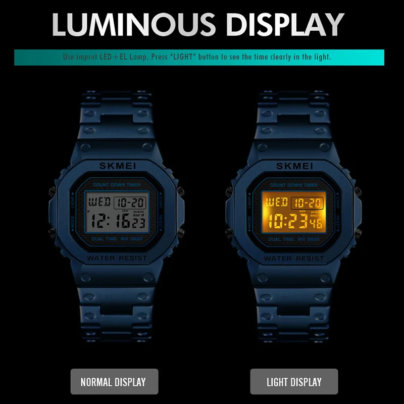Skmei 1456 Men -Style Digital Watch Stainless Steel Chronograph Countdown Wristwatches Shock Led-5