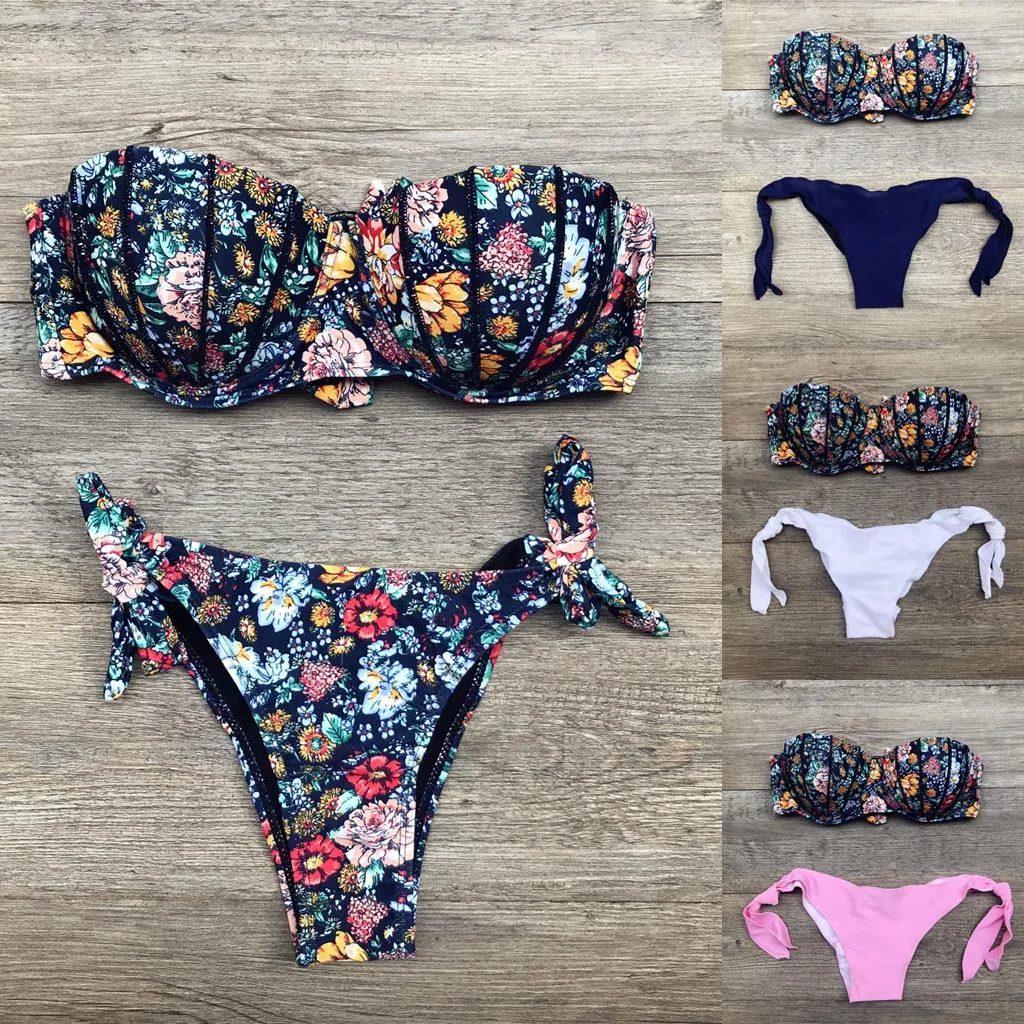 

Bandeau Mid Waist Bikini Female Floral Print Swimsuit Women Swimwear Two-piece Bikini Set Strapless Bather Bathing Suit Swim