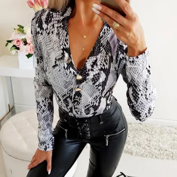 

Rompers Women Top 2020 New Sexy Body Lady V Neck Long Sleeve Bodycon Jumpsuit Snake printed Casual Cotton Autumn Bodysuits