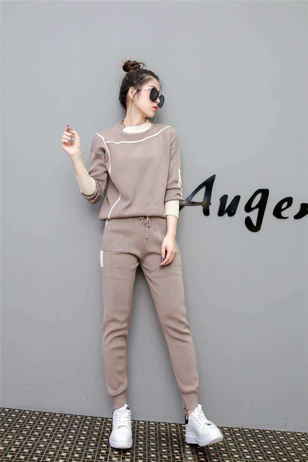 DEAT Autumn Women Knitted Two Piece Set Casual Sportsuit O Neck Long Sleeve Pullover Sweater Pants Set Tracksuit MG987