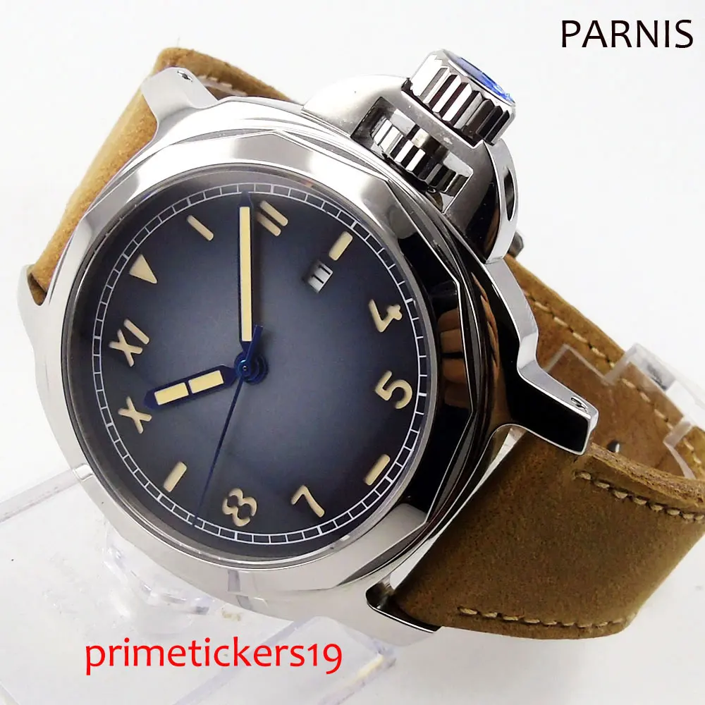 

PARNIS silver case 44mm grey dial yellow marks date leather strap mechanical men wristwatch474