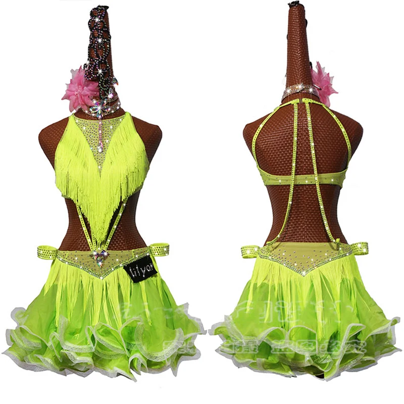 

Latin Dance Dress Competition Tassel Dress Party Adult Children Dance Clothes Fluorescen Color Curled Dance Skirt Rumba Costume