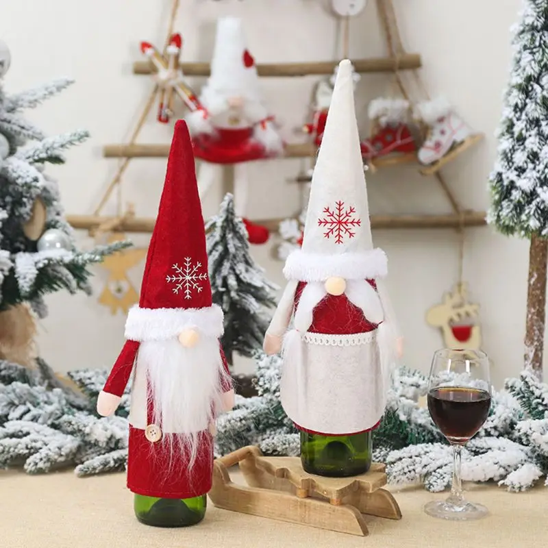 Christmas Snowflake Swedish Gnome Red Wine Bottle Topper Cover Home Decoration 831F