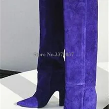 Linamong Для женщин модные острый носок из замши и кожи на толстом каблуке сапоги до колена синий зеленый длинные, с высоким каблуком; толстые ботинки Туфли под платье