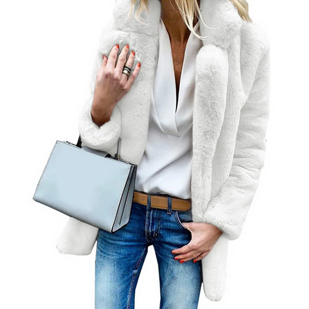 Cysincos женские Роскошные пальто из искусственного меха осень зима длинный рукав Толстая пушистая куртка пальто однотонная модная верхняя одежда женская - Цвет: white