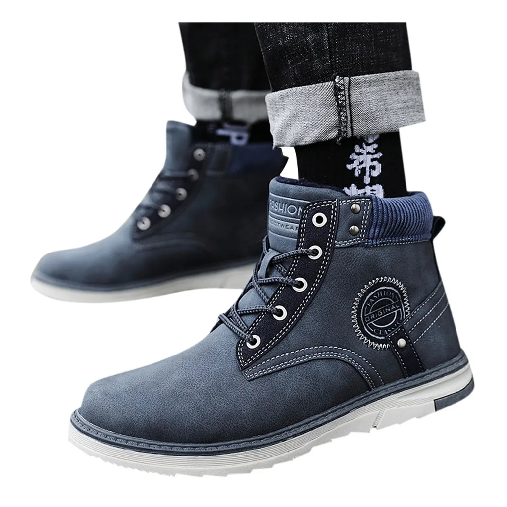 Зимние Теплые ботильоны; мужские короткие ботинки в стиле ретро; повседневные мужские ботинки из искусственной кожи с круглым носком и