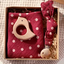 コットンベビー Bibs1 セットおしゃぶりおしゃぶりブナ木製リング齧歯類唾液タオルおしゃぶりチェーンクリップキッズ製品(China)