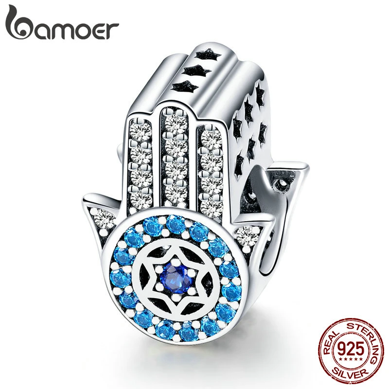 BAMOER 100% 925 Sterling Silver Trendy Lucky Element Fatima Hand Charm Beads fit Charm Bracelets & Bangles DIY Jewelry SCC721 fine jewelry