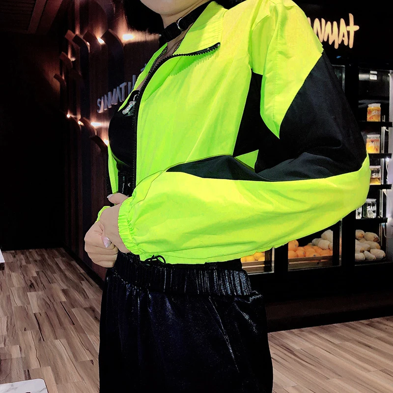 buy  ALLNeon Neon Green Streetwear Women's Jacket Patchwork Coats Long Sleeve Autumn Short Coat 2019 New