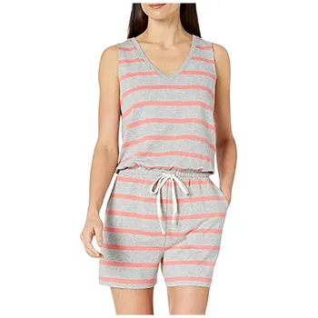 

Fashion Solid Color Jumpsuit Women's Casual Sleeveless Fleece Fashion Printing Elastic Band Waist Romper #YL10