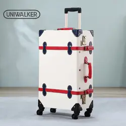 UNIWALKER из белой искусственной кожи Retro2''24''26'' Rolling Чемодан 20 ''вести Винтаж чемодан с красной полосой путешествовать сумка тележка