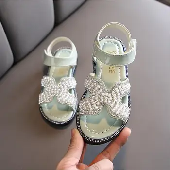 

Summer New Children Casual Shoes Leather Girls Princess Flat Heel Party Shoes Fashion Sequins Bow Pearl Kids Sandals For Girls