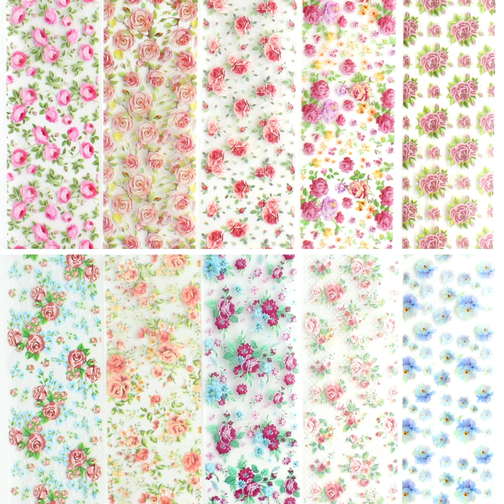 10pcs Rose Flowers Designs Transfer Foil Nail Foil for Manicure Sliders Nail Stickers Adhesive Nail art Decoration wraps 2