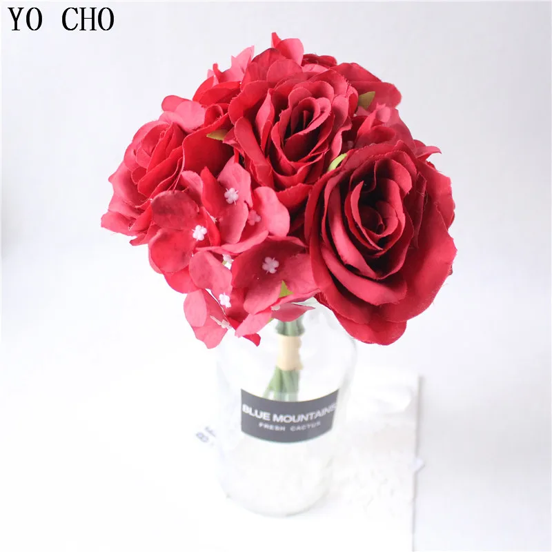 YO CHO 7Heads Silk Roses Wedding Bouquet Artificial Flower Mini Silk Flowers Autumn Farmhouse Home Decor Rose Wedding Decoration