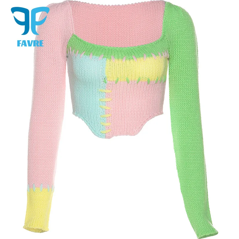

FAVRE Sweaters Women Crop Tops Splicling Crochet Square Neck Long Sleeves Knitted t-Shirt Tops Hot Girls Green Streetwear