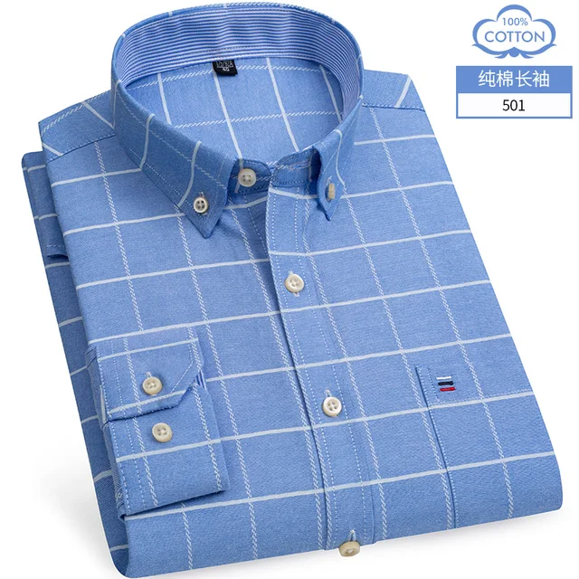 S- 6XL Oxford Shirts For Mens Long Sleeve Cotton Casual Dress Shirts Male Solid Plaid Chest Pocket Regular-Fit Man Social Shirt 501
