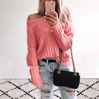 

Sweaters For Women Sexy Off-the-shoulder Solid Color Pullover Round Collar Long Sleeve Knit Tops New