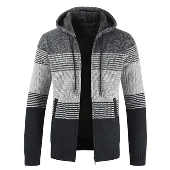 

2019 Sweater Coat Men Winter Thick Warm Hooded Cardigan Clothes Men Striped Cashmere Wool Liner Zipper Fleece Coats
