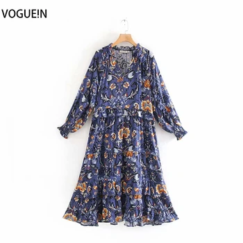 

VOGUEIN New Womens Retro Beach Purple/Orange Floral Print Long Sleeve Ruffled Midi Dress Wholesale