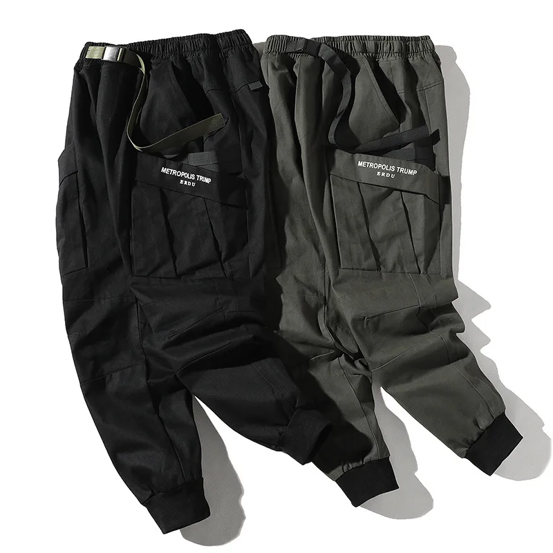 Новые модные темные стильные мужские брюки для бега, осенняя уличная одежда в стиле хип-хоп с боковыми карманами и лентами, спортивные штаны, брюки-карандаш