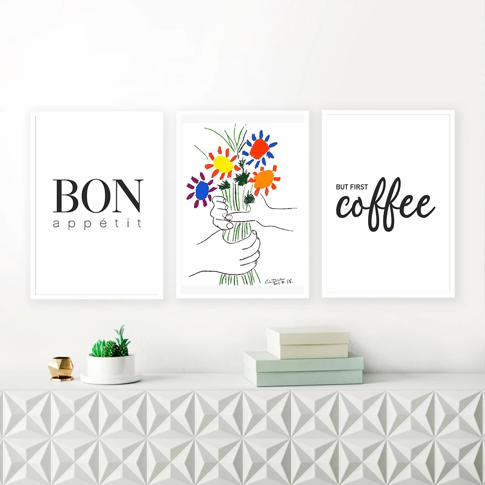 

Kitchen Art But First Coffee Posters Bon Appetit Print Black White Flower Hand Wall Art Canvas Painting Pictures For Dining Hall