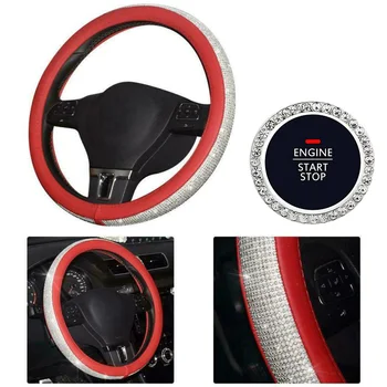 

Car Steering Wheel Cover 38cm/15Inch Red PU Leather+Rhinestone Diamond Decor