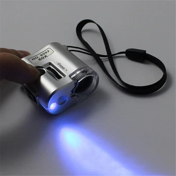 

60X Mini Lens Pocket Magnifier Microscope with LED Light Jewelry Jeweler Loupe Currency Dectector Pocket Outdoor Multi Tools