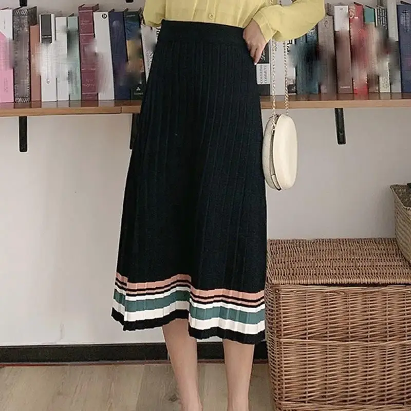 Женские плотные осенне-зимние вязаные юбки в полоску, повседневные Популярные Цветные свитера в полоску, женские юбки с эластичным поясом, плиссированные юбки