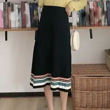 Женские плотные осенне-зимние вязаные юбки в полоску, повседневные Популярные Цветные свитера в полоску, женские юбки с эластичным поясом, плиссированные юбки