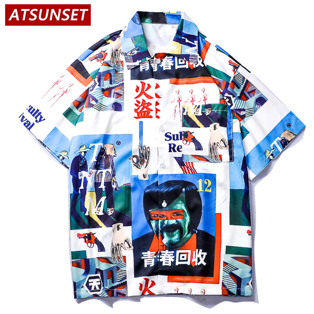 ATSUNSET Chinese Element Youth Recycling Print Font Shirt Hawaiian Streetwear Shirt Short Sleeve Cotton Fashion Tops