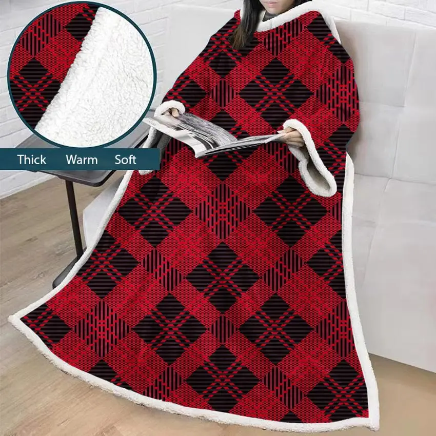 

Winter Thick Sofa Geometric Blanket Soft Plaid Lazy Blanket Wearable Cotton 3D Print Blanket Home For Adults Travel With Sleeves