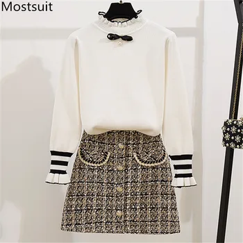 

2020 Spring Fashion 2 Piece Skirt Suits Sets Women Knitted Sweater + Plaid A-line Mini Skirt Suits Vintage Ladies 2 Piece Sets